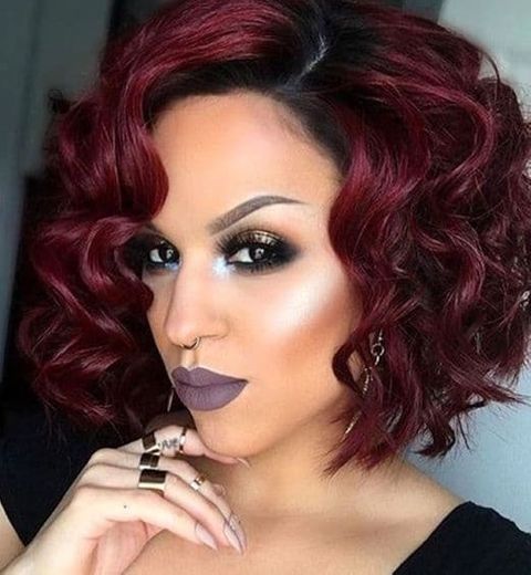 Wine red curly bob hairstyle